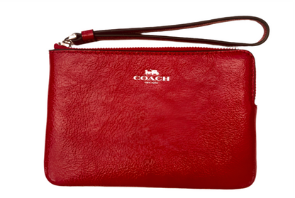 Coach Corner Zip Wristlet In Patent Leather In Silver/ Red