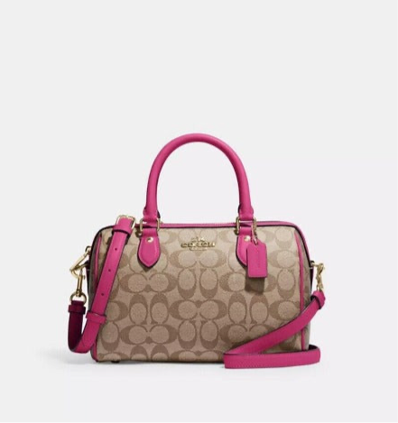 Coach Rowan Medium Satchel Bag In Signature Canvas & Leather Gold/Khaki/Cerise