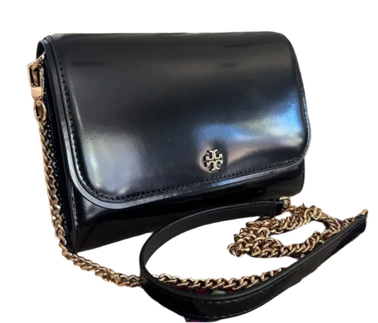 Tory Burch Emerson Patent Chain Wallet In Black