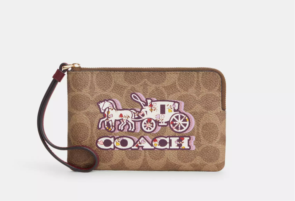 Coach Corner Zip Wristlet In Signature Canvas With Horse And Carriage Print