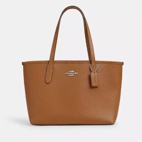 Coach Leather Small City Tote Bag In Silver/Tan