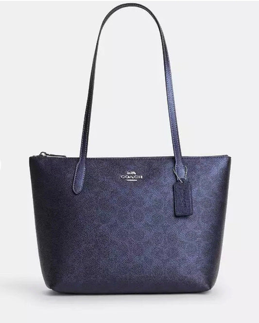 NWT Coach Fiona Zip Tote In Pearlized Signature Canvas & Metallic Smooth Leather