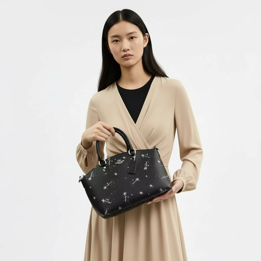 NWT Coach Sadie Satchel Bag In Black With Star Print