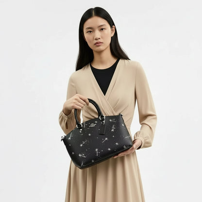 NWT Coach Sadie Satchel Bag In Black With Star Print