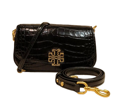 NWT Tory Burch Britten Embossed Convertible Crossbody Leather Handbag In Black