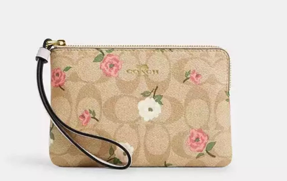 Coach Corner Zip Wristlet Wallet In Signature Canvas & Leather With Floral Print