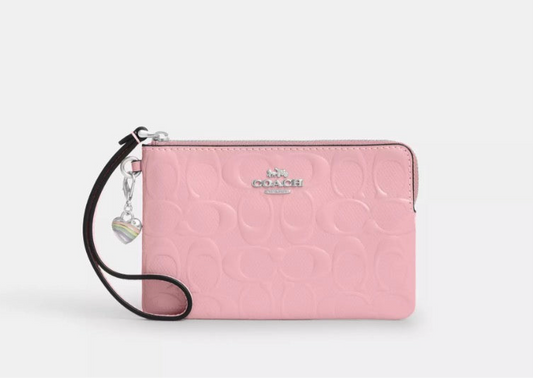 NWT Coach Corner Zip Wristlet Wallet In Signature Leather With Heart Charm In Silver/Pink