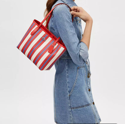 Coach Small City Tote With Stripe Print Canvas & Leather In Red/Chalk Multi