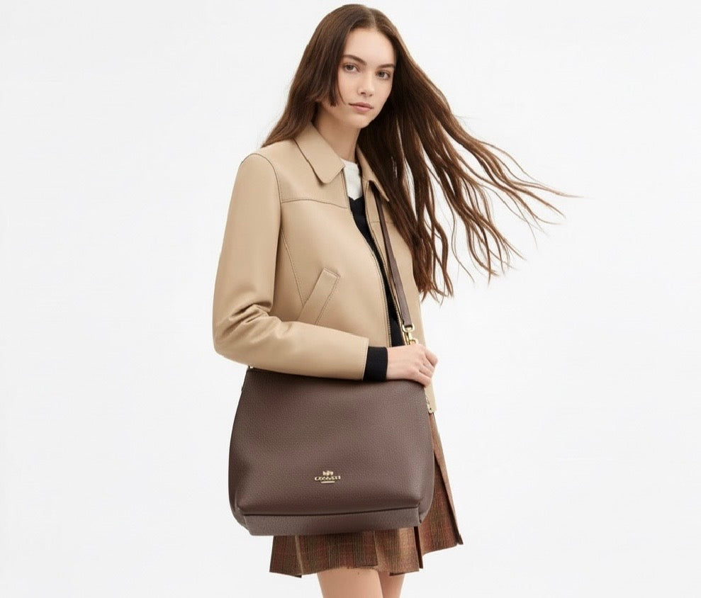 NWT Coach Large Laurel Shoulder Leather Bag in Gold/Dark Stone