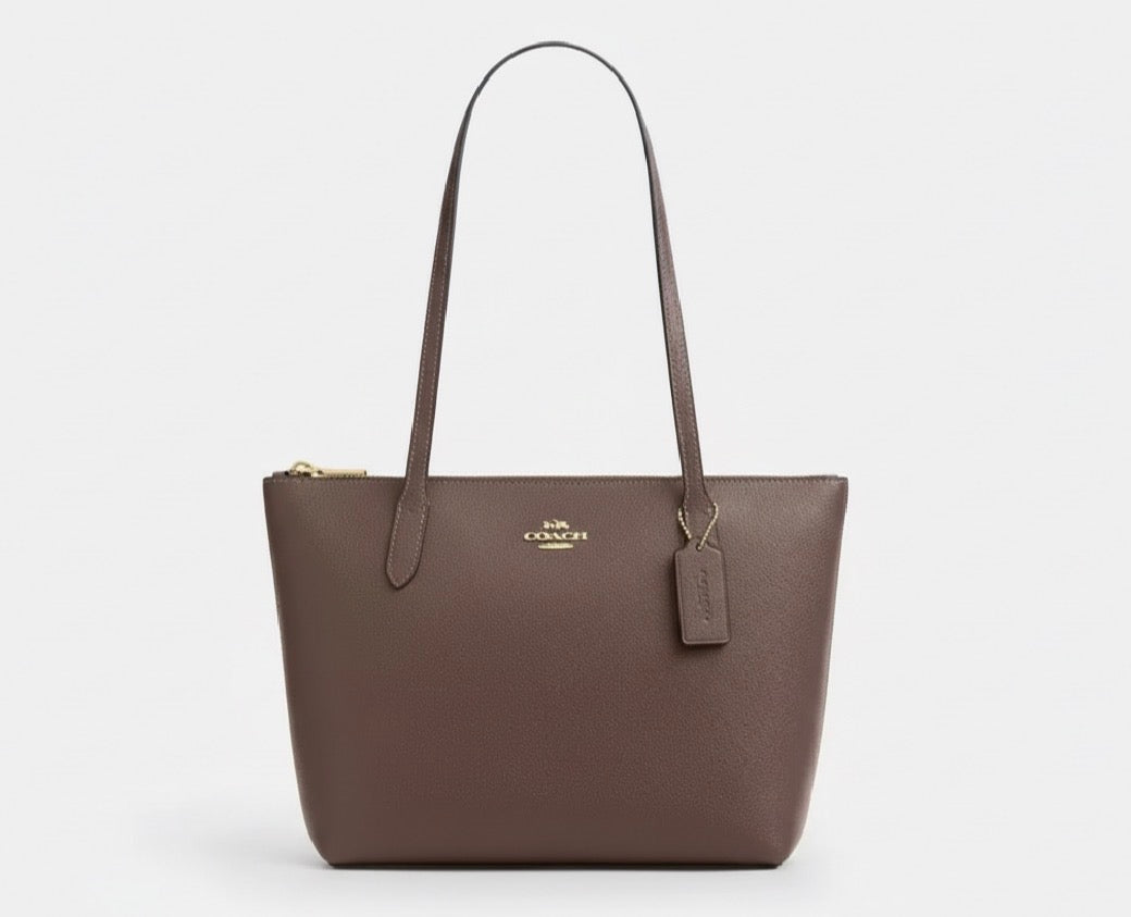 NWT Coach Leather Fiona Zip Tote In Gold/Dark Stone