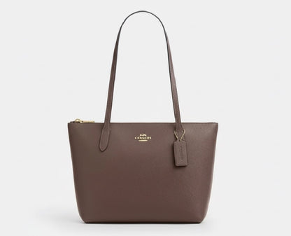 NWT Coach Leather Fiona Zip Tote In Gold/Dark Stone