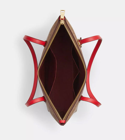 NWT Coach Fiona Zip Tote In Signature Canvas In Tan/Carnation