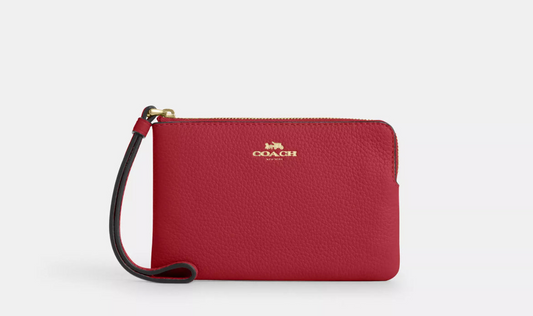 NWT Coach Leather Corner Zip Wristlet Wallet Gold/Red