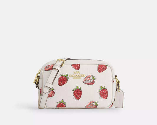 NWT Coach Mini Jamie Camera Bag With Strawberry Print In Chalk/Red