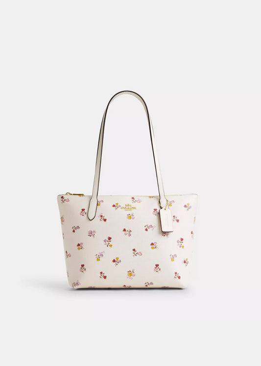 Coach Fiona Zip Tote Bag with Heart Print In Gold Chalk Multi