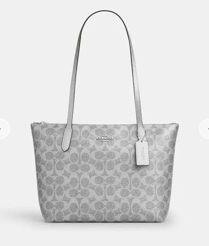 NWT Coach Fiona Zip Tote In Pearlized Signature Canvas & Metallic Smooth Leather