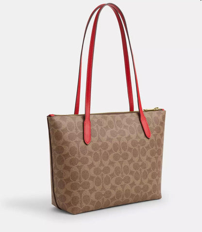 NWT Coach Fiona Zip Tote In Signature Canvas In Tan/Carnation