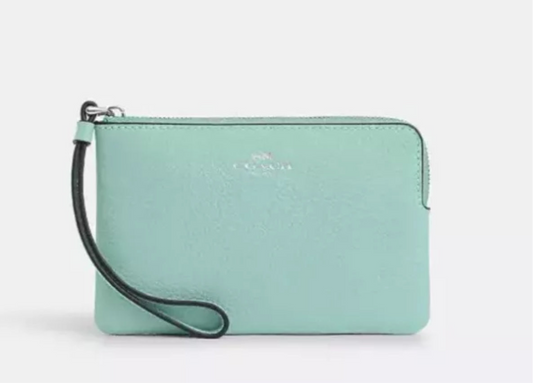 Coach Corner Zip Wristlet In Leather Silver /Faded Blue