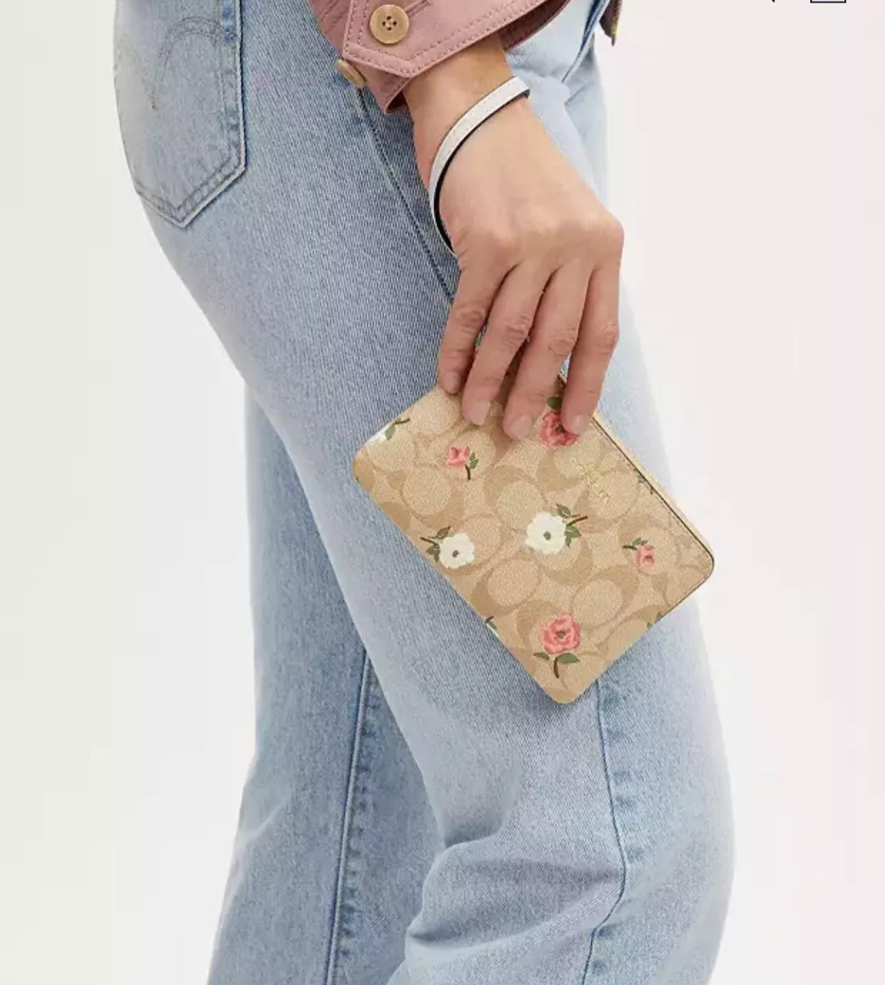 Coach Corner Zip Wristlet Wallet In Signature Canvas & Leather With Floral Print