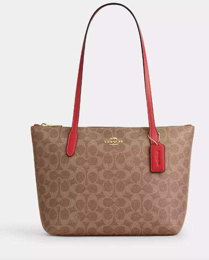 NWT Coach Fiona Zip Tote In Signature Canvas In Tan/Carnation