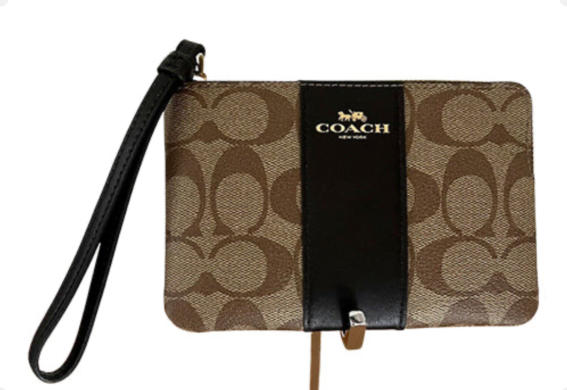 Coach Signature Canvas & Leather Corner Zip Wristlet Wallet