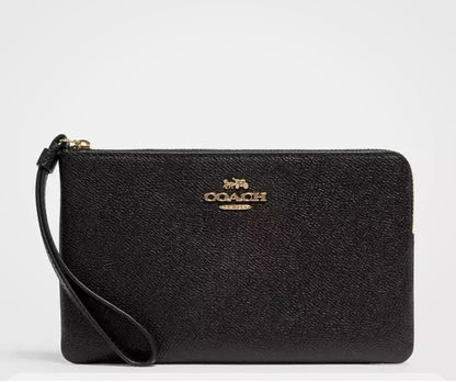 Coach Large Corner zip Leather Wristlet Wallet In Black