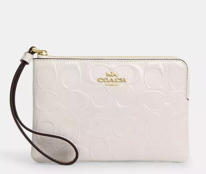 Coach Corner Zip Wristlet In Signature Patent Leather Gold/Chalk