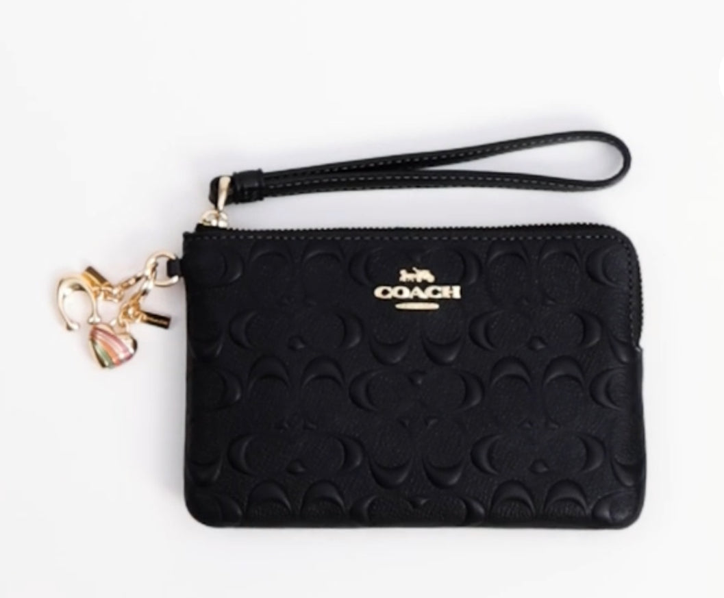 Coach Boxed Corner Zip Wristlet In Signature Black Leather with 2 Removable Charms