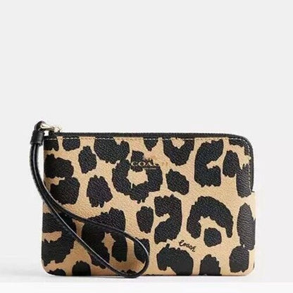 Coach Corner Zip Wristlet Wallet With Leopard Print