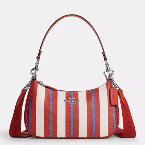 Coach Teri Shoulder Bag With Coated Canvas & Leather With Stripe Print