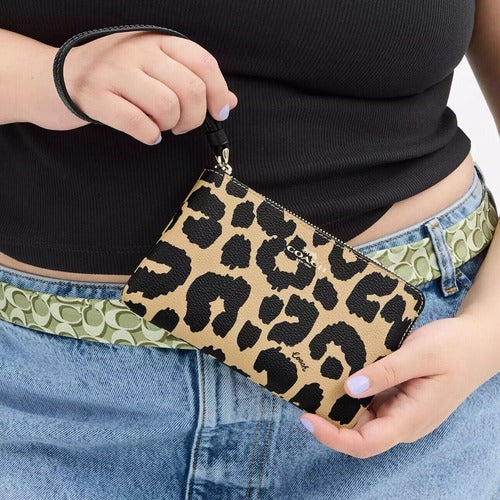 Coach Corner Zip Wristlet Wallet With Leopard Print