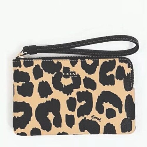 Coach Corner Zip Wristlet Wallet With Leopard Print