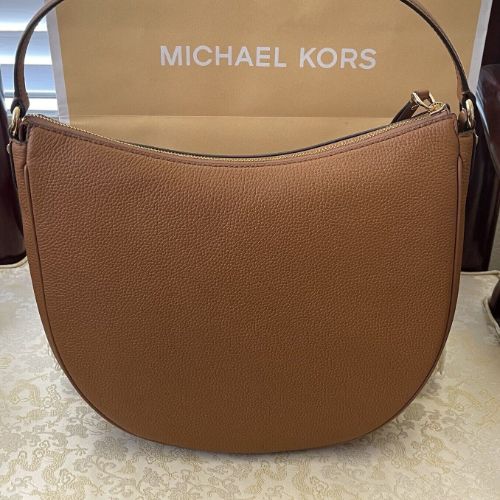 Michael Kors Large Dover Top Zip Half Moon Leather Shoulder Bag In Brown