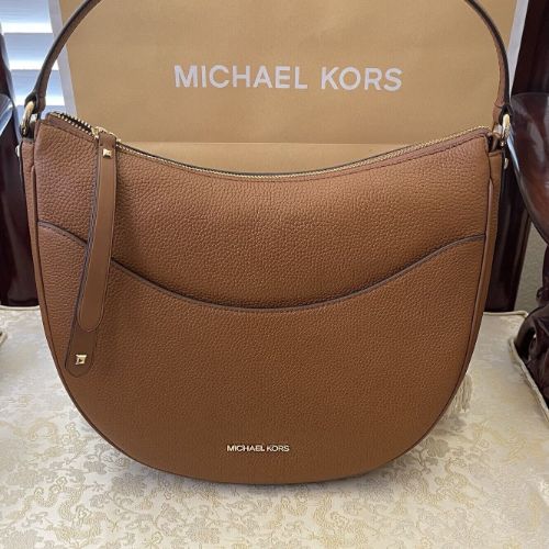 Michael Kors Large Dover Top Zip Half Moon Leather Shoulder Bag In Brown