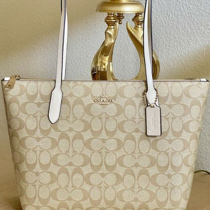 Coach Zip Top Tote Handbag In Signature Canvas & Leather