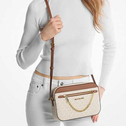 Michael Kors Jet Set Large Logo Crossbody Bag with Zip Chain white